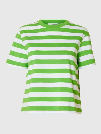SELECTED SLFESSENTIAL SS STRIPED BOXY TEE GROEN